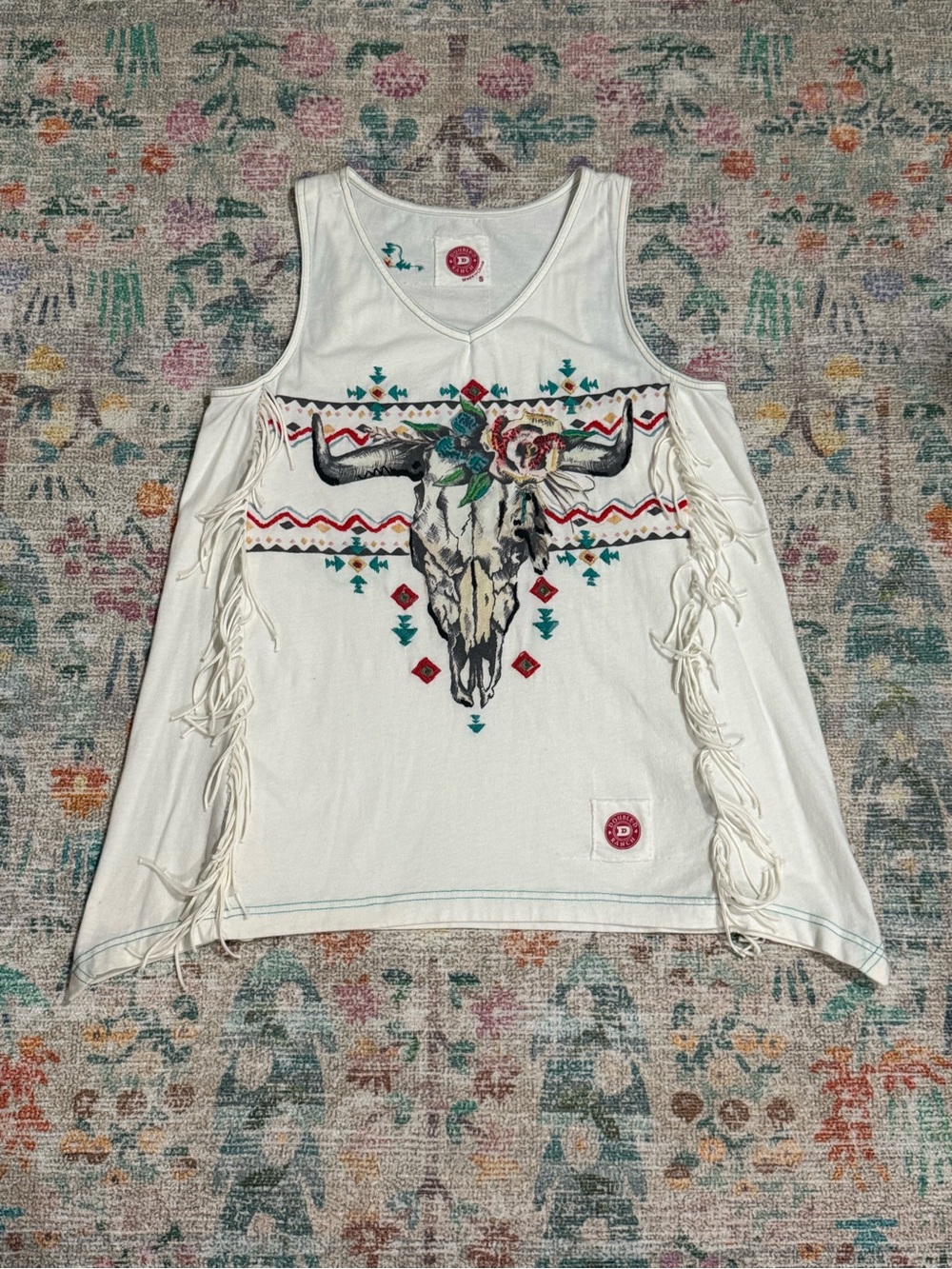 Double D Ranch Boho Fringe Cow Skull Graphic Tank - White Size Small